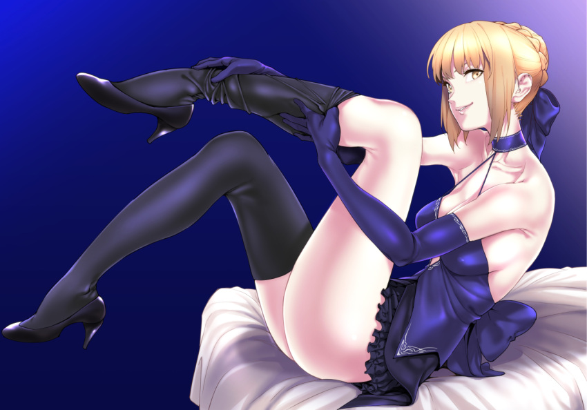 1girl adjusting_clothes adjusting_legwear bangs bare_shoulders black_legwear black_shoes blonde_hair blue_background blue_bow blue_gloves bow braid breasts choker collarbone fate/grand_order fate_(series) frills from_side gloves gradient gradient_background hair_bow halterneck head_tilt high_heels jyura large_breasts leg_up long_hair looking_at_viewer minigirl on_bed pink_lips saber saber_alter shoes sideboob sitting smirk solo thigh-highs upskirt yellow_eyes