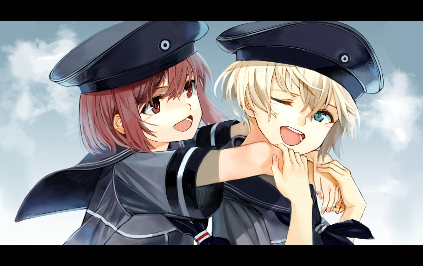 2girls auburn_hair blonde_hair blue_eyes blue_sky brown_eyes clouds commentary_request fingernails hat highres hug hug_from_behind kantai_collection letterboxed military military_hat military_uniform multiple_girls one_eye_closed open_mouth peaked_cap ruisento sailor_collar sailor_hat short_hair short_sleeves sky smile teeth uniform upper_body z1_leberecht_maass_(kantai_collection) z3_max_schultz_(kantai_collection)