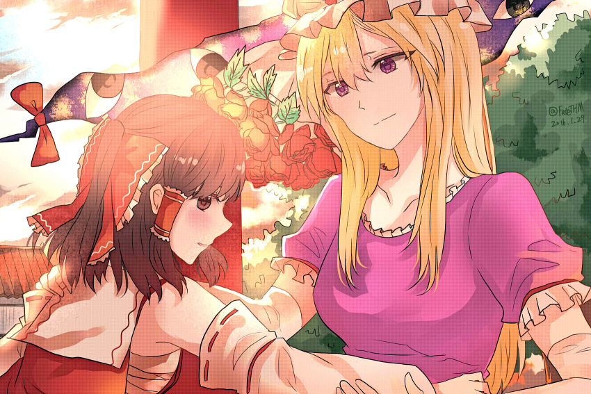2girls @fatethm artist_name blonde_hair blue_sky blush bouquet bow breasts brown_hair building bush clouds cloudy_sky dated day detached_sleeves dress elbow_gloves evening eyes flower gap gloves hair_between_eyes hair_bow hair_tubes hakurei_reimu hand_on_another's_shoulder hat highres looking_at_another looking_away looking_down looking_to_the_side mob_cap multiple_girls parted_lips ponytail purple_dress red_eyes ribbon-trimmed_sleeves ribbon_trim rose sarashi shiny shiny_hair short_hair sidelocks sky sleeveless sunlight torii touhou violet_eyes white_gloves yakumo_yukari yuri