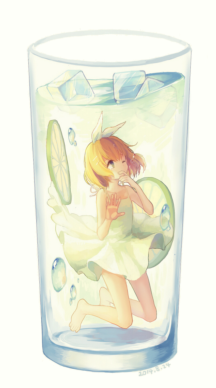 1girl 2014 afloat against_glass air_bubble bangs bare_legs barefoot blonde_hair blue_eyes bow cup dated dress drink drinking_glass finger_to_mouth flat_chest food fruit glass hair_bow hair_ornament hairclip hand_on_glass highres ice ice_cube in_container in_cup kagamine_rin lemon lemon_slice lime_slice looking_up max_(744275974) minigirl one_eye_closed short_hair simple_background sleeveless sleeveless_dress solo spaghetti_strap sundress tears underwater vocaloid water white_background white_bow white_dress