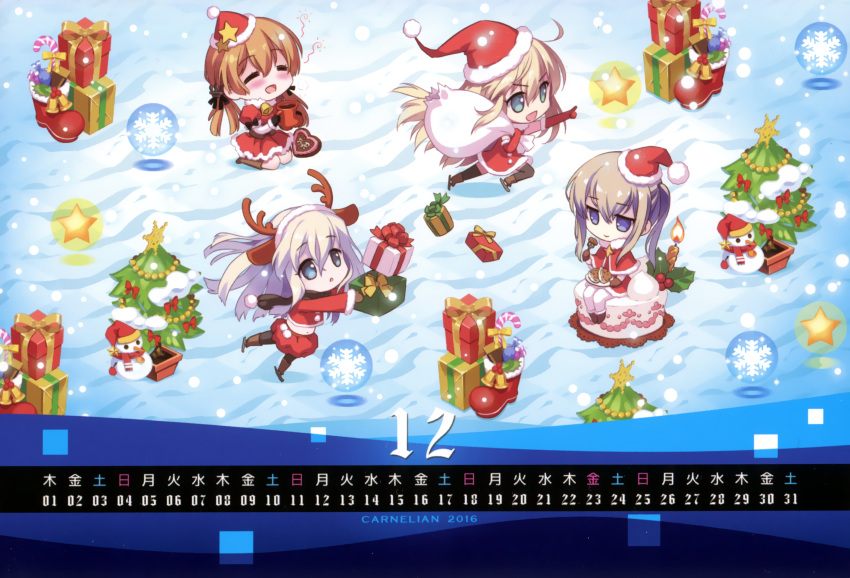 &gt;:d 4girls :d ^_^ absurdres alternate_costume anchor_hair_ornament animal_ears bell bismarck_(kantai_collection) blue_eyes blush boots bow box cake calendar candle candy candy_cane carnelian chibi christmas_tree closed_eyes eating elbow_gloves fake_animal_ears fake_antlers fire food gift gift_box gloves graf_zeppelin_(kantai_collection) grey_eyes hair_ornament hairband hat highres huge_filesize ice_skating kantai_collection light_brown_hair long_hair multiple_girls navel open_mouth pale_skin pointing prinz_eugen_(kantai_collection) red_gloves ribbon santa_hat scarf seiza sitting sitting_on_object skating smile snowflakes snowing snowman star thigh-highs twintails u-511_(kantai_collection) zettai_ryouiki