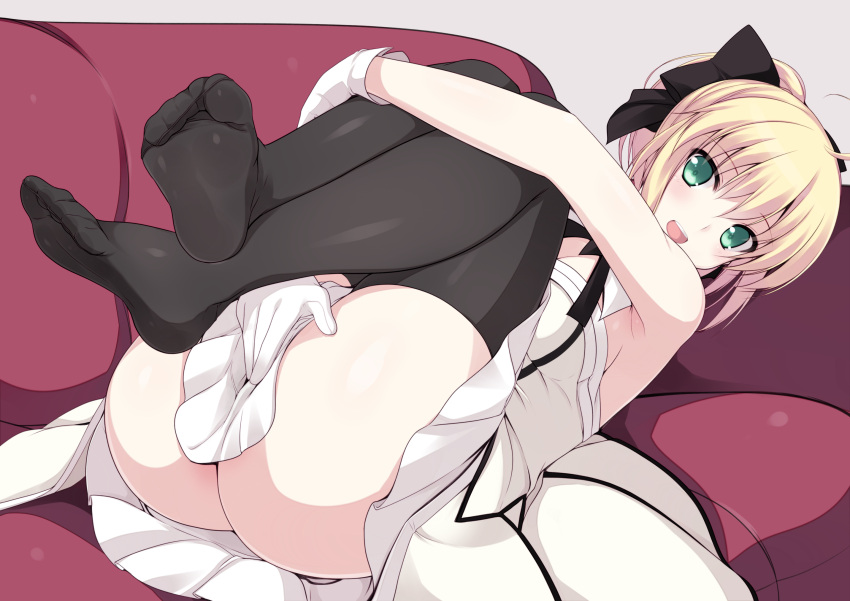 1girl ahoge armpits ass bare_shoulders black_legwear blonde_hair blush covering covering_crotch dress fate/grand_order fate_(series) feet gloves green_eyes hair_ribbon highres leg_hug legs legs_up long_hair looking_at_viewer lying naturalton on_back open_mouth ponytail ribbon saber saber_lily sleeveless sleeveless_dress smile soles solo thigh-highs toes white_dress white_gloves