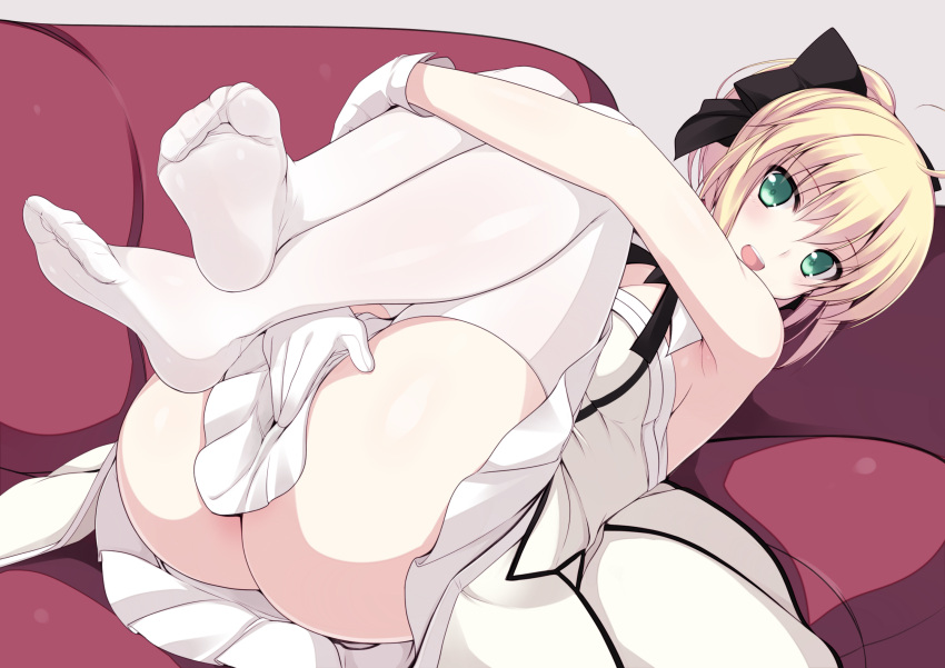1girl ahoge armpits ass bare_shoulders blonde_hair blush covering covering_crotch dress fate/grand_order fate_(series) feet gloves green_eyes hair_ribbon highres leg_hug legs legs_up long_hair looking_at_viewer lying naturalton on_back open_mouth ponytail ribbon saber saber_lily sleeveless sleeveless_dress smile soles solo thigh-highs toes white_dress white_gloves white_legwear