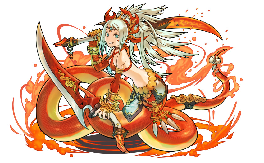 1girl absurdres aqua_eyes circlet dual_wielding echidna_(p&amp;d) fire grin halter_top halterneck highres holding huge_weapon long_hair monster_girl official_art puzzle_&amp;_dragons red silver_hair simple_background smile snake_tail solo sword weapon white_background