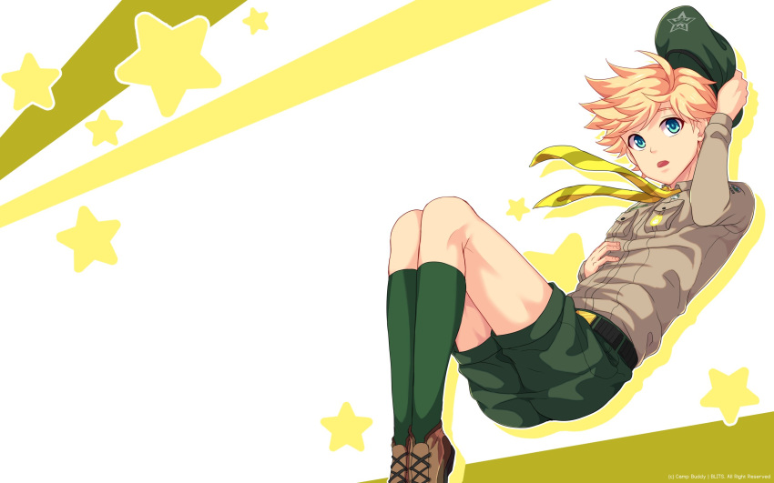 1boy blonde_hair blue_eyes breast_pocket brown_footwear brown_shirt camp_buddy collared_shirt full_body green_shorts green_socks hand_on_headwear highres long_sleeves male_focus mikkoukun official_art official_wallpaper open_mouth outline pocket ribbon shirt shorts socks solo springfield_hunter starry_background white_background yellow_outline yellow_ribbon