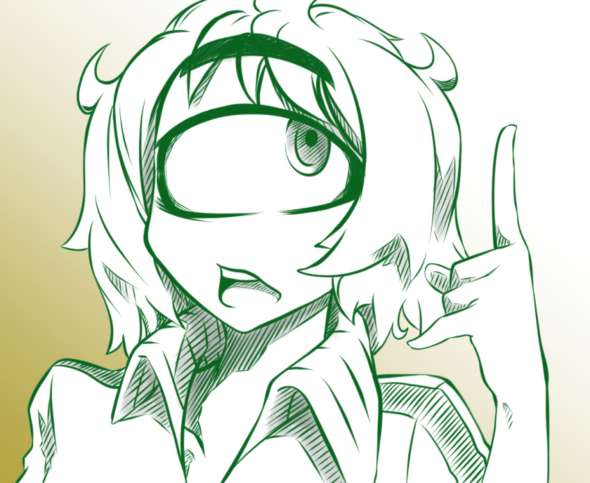 1girl cyclops gradient gradient_background green hairband index_finger_raised looking_up multiple_monochrome one-eyed open_mouth original simple_background sketch solo upper_body yakochu