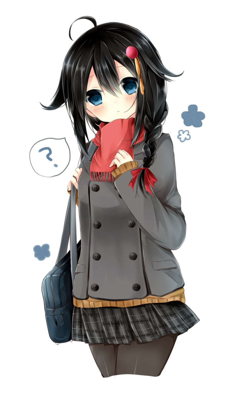 1girl ? absurdres ahoge alternate_hair_color bag black_hair blue_eyes braid cowboy_shot female hair_flaps hair_ornament head_tilt highres holding_strap kantai_collection leggings light_frown looking_at_viewer plaid plaid_skirt pleated_skirt red_scarf scarf school_bag shigure_(kantai_collection) shoulder_bag simple_background single_braid skirt sleeves_past_wrists solo souhi spoken_question_mark white_background winter_clothes