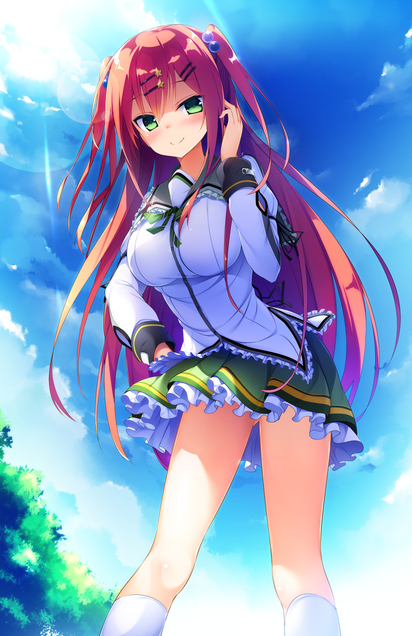 1girl artist_request blue_sky breasts brown_hair green_eyes hair_bobbles hair_ornament hairclip highres large_breasts legs long_hair long_sleeves school_uniform skirt sky smile tagme two_side_up