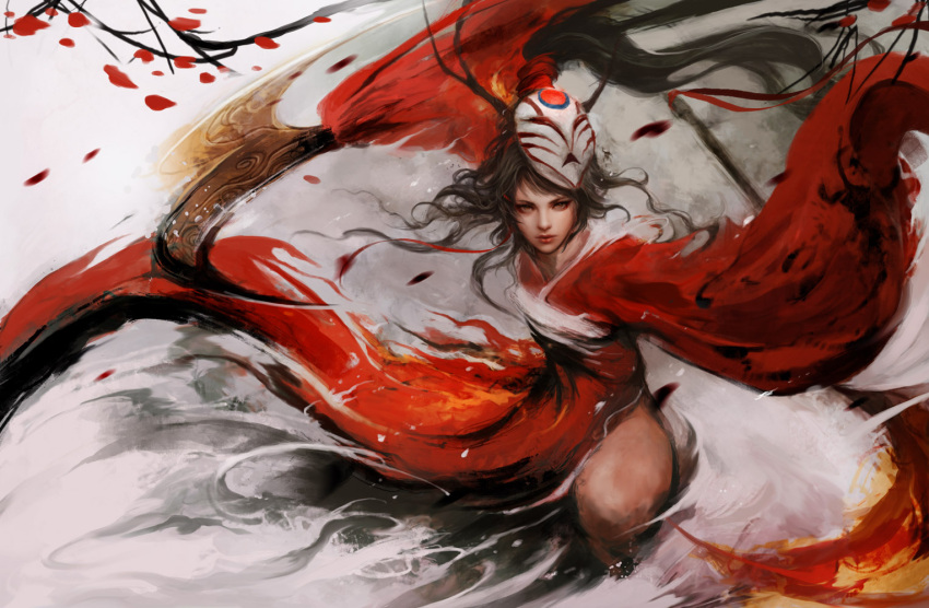 1girl akali alternate_costume antlers blood_moon_akali chinese_clothes dual_wielding eyeliner flat_chest hair_ribbon high_ponytail kama_(weapon) league_of_legends lips long_hair looking_at_viewer makeup mask_on_head messy_hair muju nose realistic ribbon sickle solo very_long_hair weapon wide_sleeves yellow_eyes