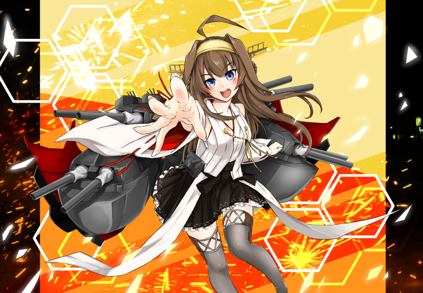 1girl :d absurdres ahoge blue_eyes brown_hair detached_sleeves double_bun hairband highres i'm_egoist_nez kantai_collection kongou_(kantai_collection) long_hair looking_at_viewer machinery nontraditional_miko open_mouth pleated_skirt remodel_(kantai_collection) skirt smile solo thigh-highs turret zettai_ryouiki