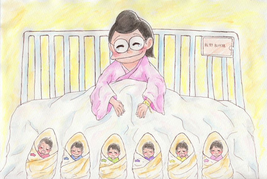 absurdres baby bed colored_pencil_(medium) highres hospital hospital_band hospital_bed matsuno_matsuyo mother_and_son o-rin000 osomatsu-san sextuplet_(osomatsu-kun) sextuplets traditional_media watercolor_(medium)