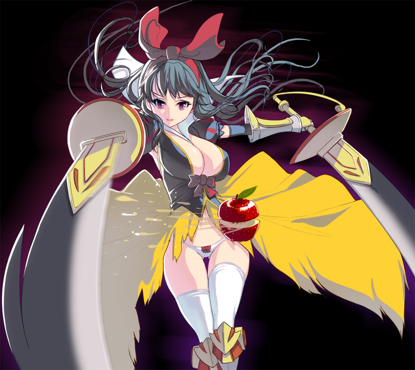 1girl apple armor black_hair bow bow_panties breasts cleavage dual_wielding food fruit gauntlets hair_bow large_breasts long_hair looking_at_viewer masao no_bra original panties puffy_short_sleeves puffy_sleeves shirt short_sleeves showgirl_skirt slashing snow_white snow_white_and_the_seven_dwarfs solo thigh-highs thighs underwear very_long_hair violet_eyes white_legwear white_panties