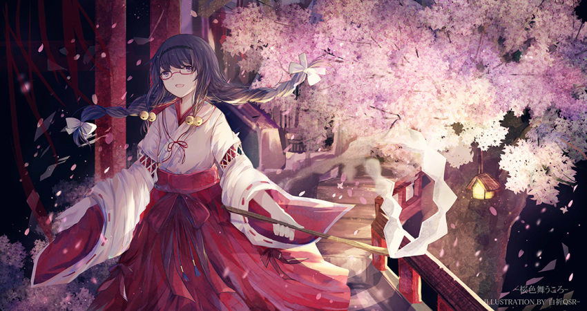 :d artist_name bai_qi-qsr bell black_hair bow braid cherry_blossoms glasses hair_bell hair_bow hair_ornament hairband japanese_clothes long_hair miko open_mouth petals semi-rimless_glasses smile traditional_clothes twin_braids violet_eyes
