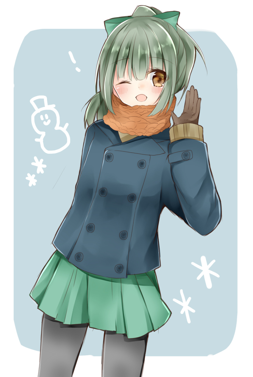 1girl arm_behind_back brown_eyes coat cowboy_shot gloves green_hair highres kantai_collection leggings long_sleeves one_eye_closed open_mouth scarf skirt smile snowflakes snowman solo souhi waving winter_clothes winter_coat yuubari_(kantai_collection)