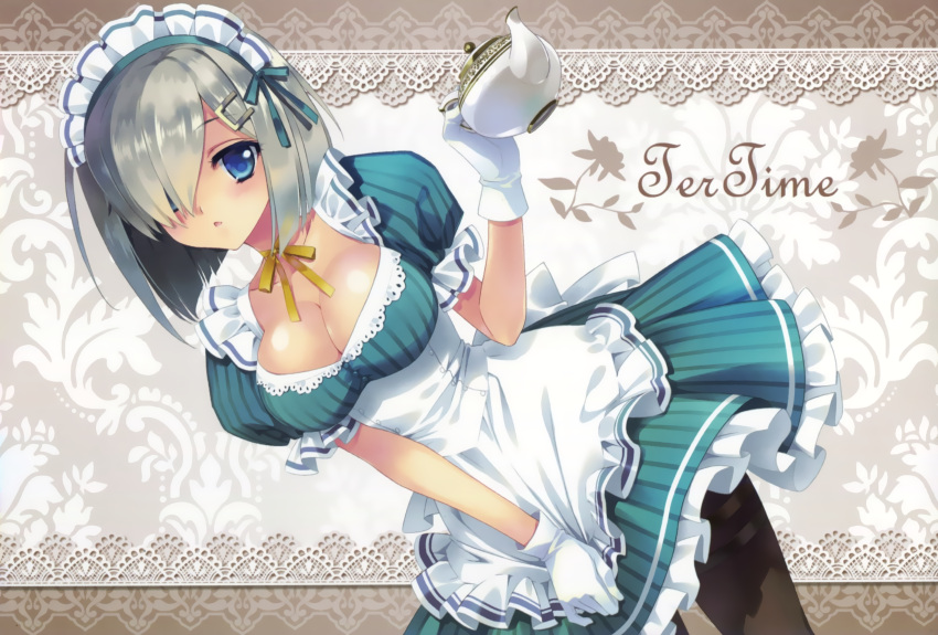 1girl absurdres alternate_costume apron_pull black_legwear blue_eyes breasts carnelian chestnut_mouth choker cleavage dutch_angle engrish enmaided gloves hair_ornament hair_over_one_eye hairpin hamakaze_(kantai_collection) highres holding huge_filesize kantai_collection large_breasts maid maid_headdress pantyhose parted_lips puffy_short_sleeves puffy_sleeves ranguage revision ribbon_choker scan short_sleeves silver_hair solo teapot vertical_stripes white_gloves