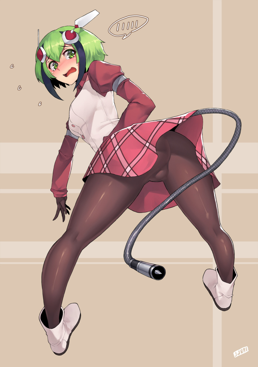 1girl android ass bent_over blush brown_hair dimension_w flying_sweatdrops green_eyes green_hair headgear highres jjune juliet_sleeves long_sleeves open_mouth pantyhose plug puffy_sleeves shirt skirt solo spoken_blush tail upskirt vest wavy_mouth yurizaki_mira