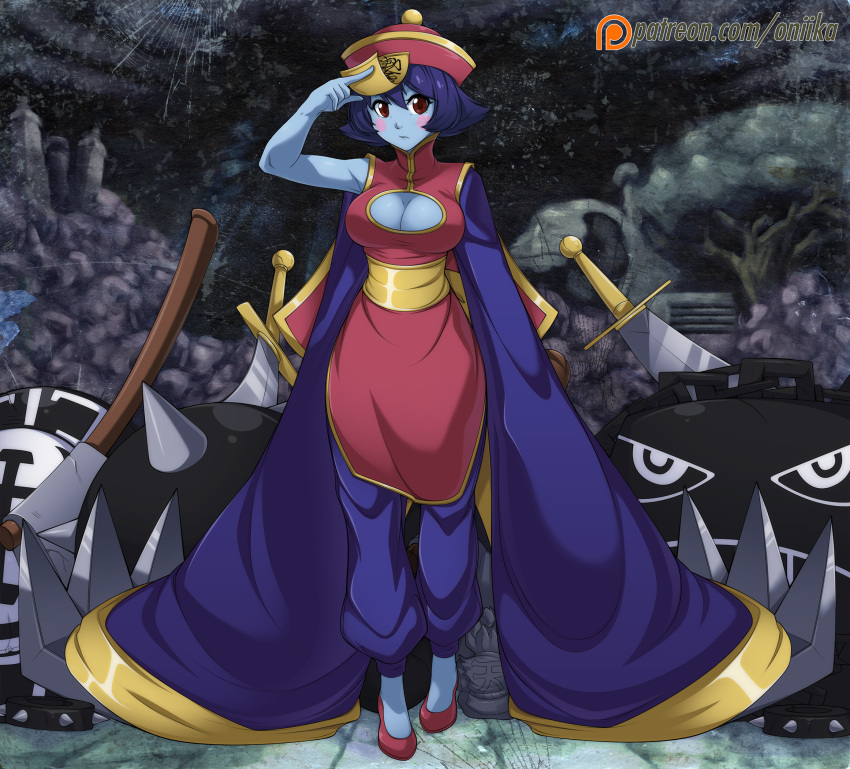 1girl baggy_pants blue_skin blush_stickers breasts cameo character_doll chinese_clothes cleavage cleavage_cutout flats flipped_hair full_body gouki highres huge_weapon jiangshi large_breasts lei_lei ofuda pants purple_hair red_eyes sash short_hair solo spike_wible street_fighter vampire_(game) very_long_sleeves weapon