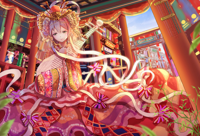 1girl alternate_costume alternate_eye_color architecture bangs bow ceiling chinese_architecture chinese_clothes closed_mouth diamond_(shape) east_asian_architecture flag hair_bow hair_ornament hair_stick hat holding jewelry lantern light_smile long_hair long_sleeves luo_tianyi mole mole_under_mouth new_year paper_lantern pillar pink_lips pipa_(instrument) plant ribbon see-through silver_hair skirt sky smile solo striped tangjinhang torii vase veil very_long_hair vocaloid vocanese wide_sleeves yellow_eyes