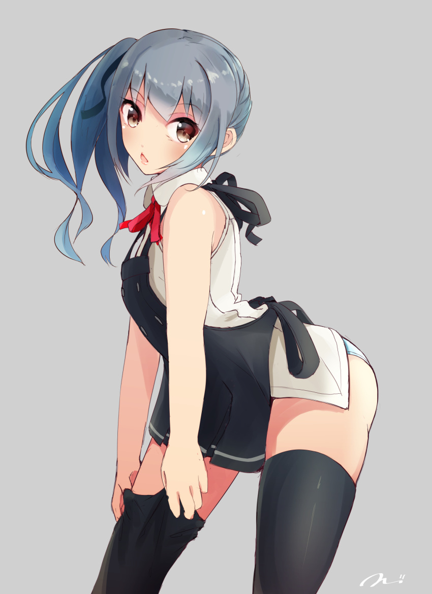1girl adapted_costume adjusting_clothes adjusting_legwear apron arched_back bare_shoulders black_legwear blouse brown_eyes from_side gradient_hair grey_background hair_ornament hair_ribbon highres kantai_collection kasumi_(kantai_collection) long_hair looking_at_viewer multicolored_hair no_pants open_mouth panties ponytail remodel_(kantai_collection) ribbon side_ponytail signature silver_hair simple_background sleeveless solo suspenders tbd11 thigh-highs underwear white_blouse