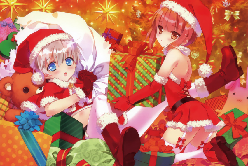 2girls absurdres alternate_costume blue_eyes box brown_eyes brown_hair carnelian chestnut_mouth christmas garter_straps gift gift_box hat highres huge_filesize kantai_collection looking_at_viewer multiple_girls open_mouth parted_lips santa_hat short_hair silver_hair stuffed_animal stuffed_bunny stuffed_toy teddy_bear white_legwear z1_leberecht_maass_(kantai_collection) z3_max_schultz_(kantai_collection)