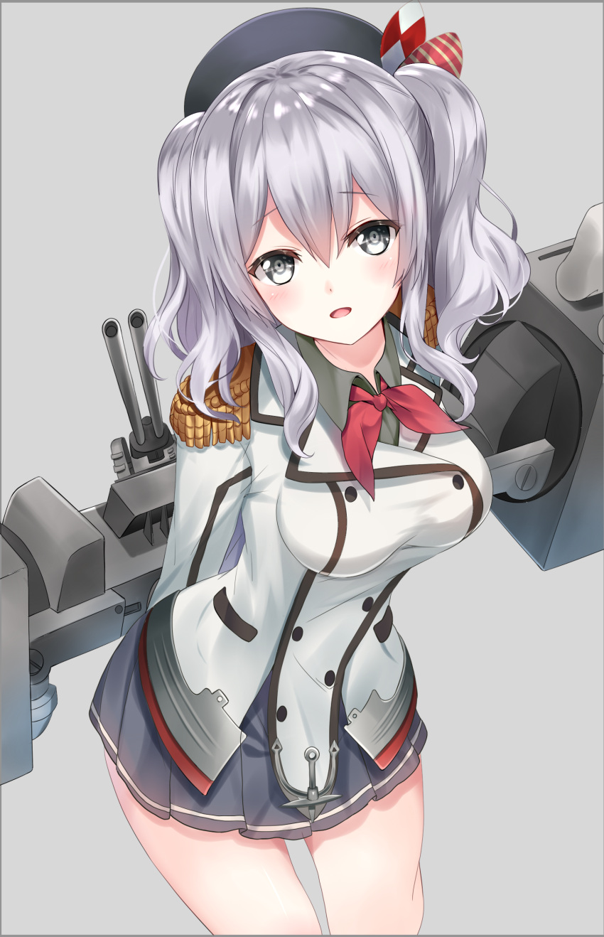 1girl absurdres blue_eyes gloves hat highres kantai_collection karumayu kashima_(kantai_collection) machinery open_mouth silver_hair turret twintails uniform wavy_hair