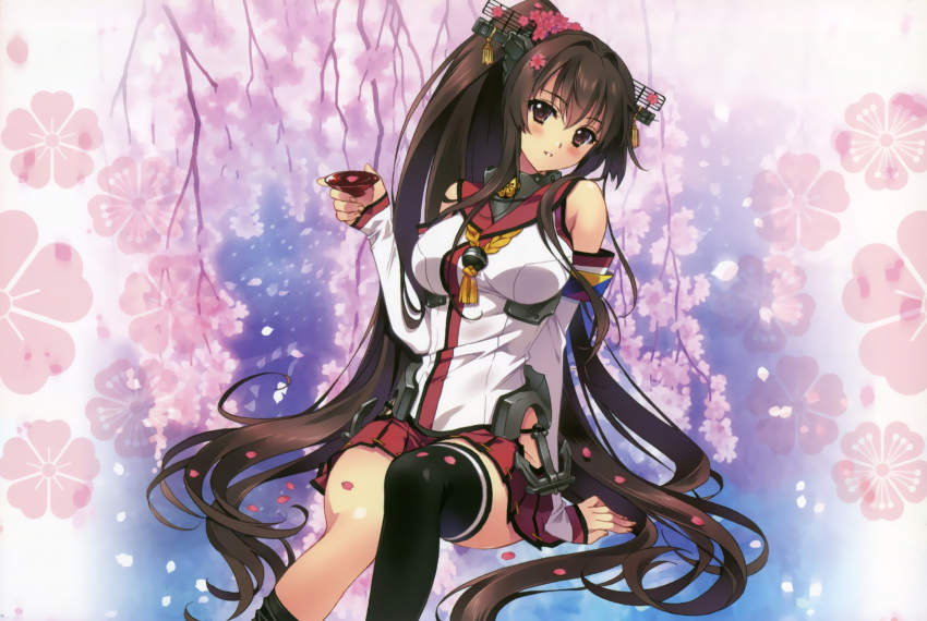 1girl :d absurdres alcohol anchor artist_name bare_shoulders black_legwear blush breasts brown_eyes brown_hair carnelian cherry_blossoms detached_sleeves floral_background flower hair_between_eyes hair_flower hair_ornament headgear highres hip_vent holding huge_filesize kantai_collection large_breasts long_hair looking_at_viewer miniskirt open_mouth parted_lips petals pleated_skirt ponytail revision sakazuki sake scan sitting skirt smile solo teeth thigh-highs thighhighs_pull very_long_hair yamato_(kantai_collection)