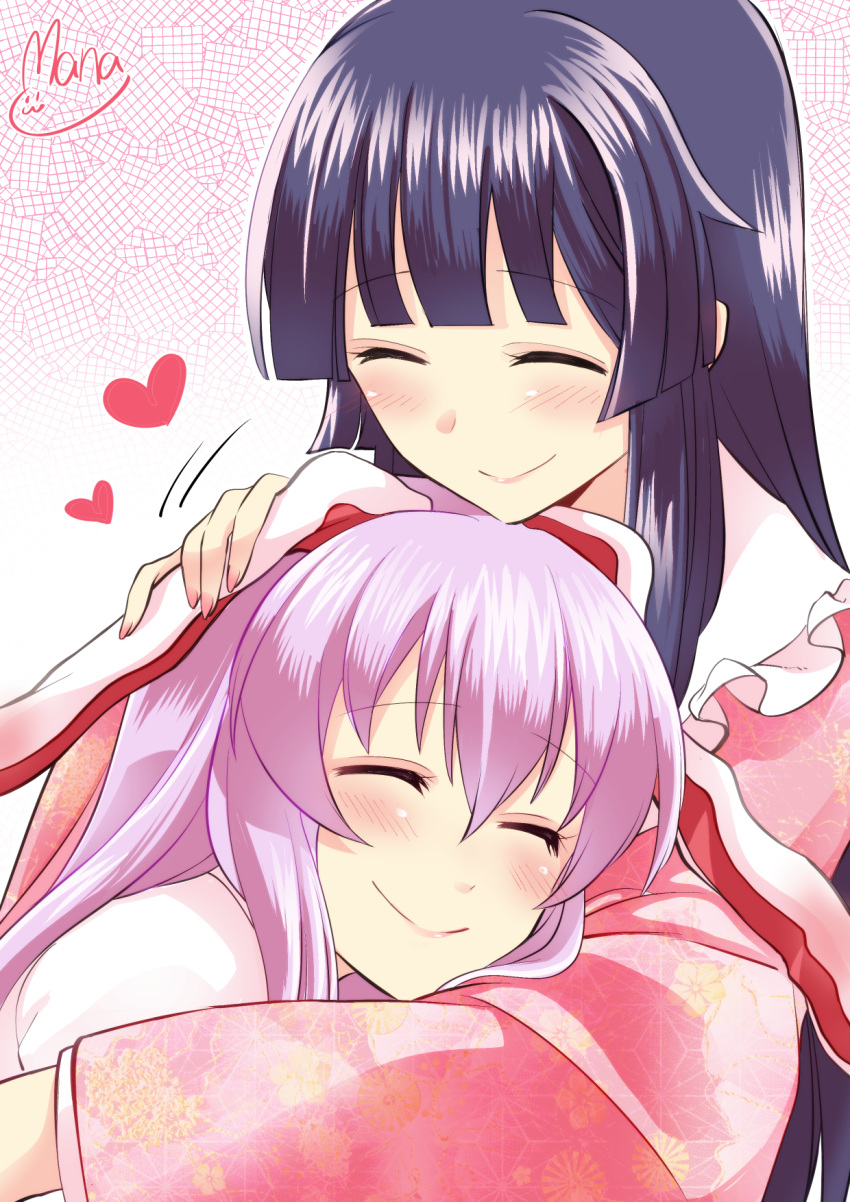 2girls animal_ears black_hair blush closed_eyes commentary ear_blush happy heart highres hime_cut houraisan_kaguya hug japanese_clothes mana_(gooney) multiple_girls petting purple_hair rabbit_ears reisen_udongein_inaba signature smile touhou upper_body