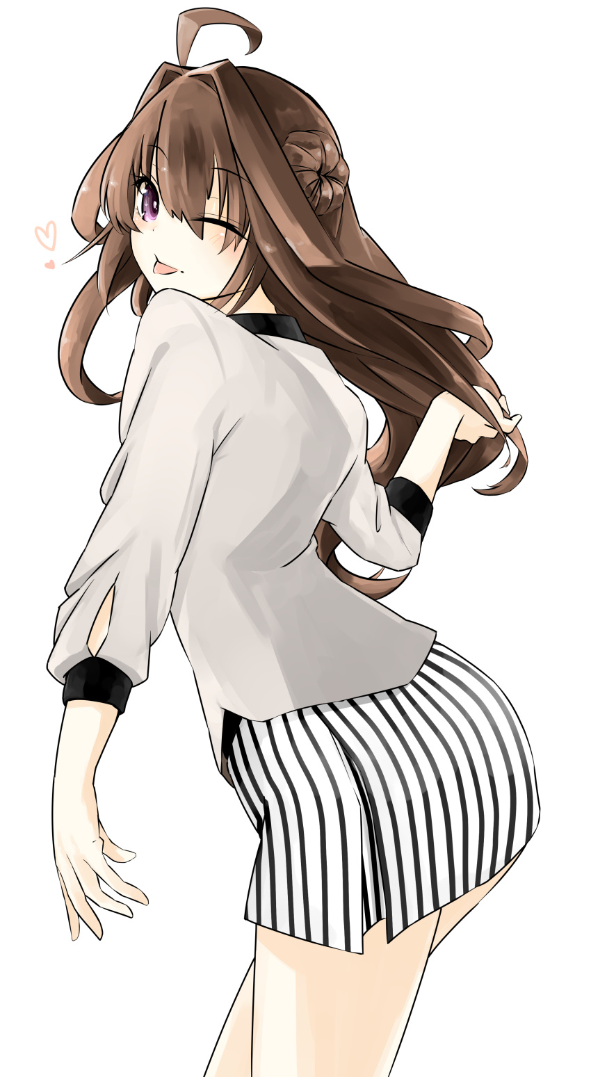 1girl ;p absurdres ahoge alternate_costume brown_hair casual contemporary double_bun highres i'm_egoist_nez kantai_collection kongou_(kantai_collection) long_hair looking_at_viewer one_eye_closed simple_background solo tongue tongue_out violet_eyes white_background