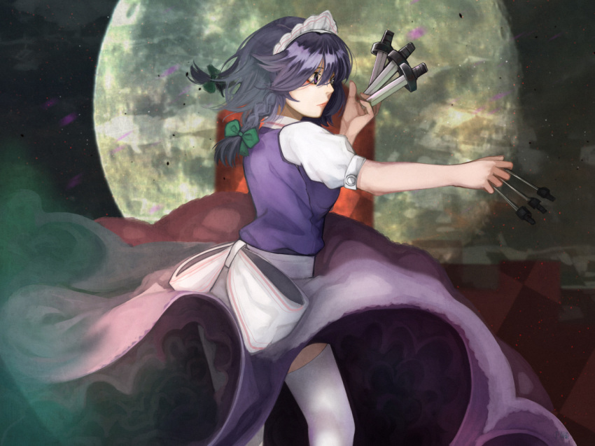 1girl apron ashes bangs between_fingers bow braid from_side full_moon green_bow hair_bow holding_weapon izayoi_sakuya knife maid_headdress moon night night_sky pink_lips scroll_lock_(scrool5) short_hair short_sleeves silver_hair sky smoke solo standing thigh-highs throwing_knife touhou twin_braids upskirt violet_eyes waist_apron white_legwear wind