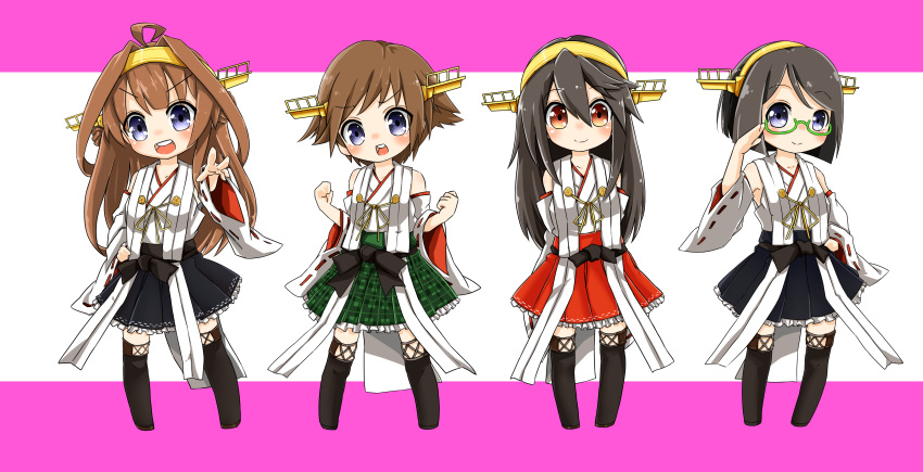 &gt;:d :d absurdres adjusting_glasses black_hair blue_eyes brown_eyes brown_hair c: chibi detached_sleeves double_bun glasses hairband haruna_(kantai_collection) hiei_(kantai_collection) highres i'm_egoist_nez kantai_collection kirishima_(kantai_collection) kongou_(kantai_collection) long_hair looking_at_viewer nontraditional_miko open_mouth pleated_skirt remodel_(kantai_collection) short_hair skirt smile thigh-highs zettai_ryouiki
