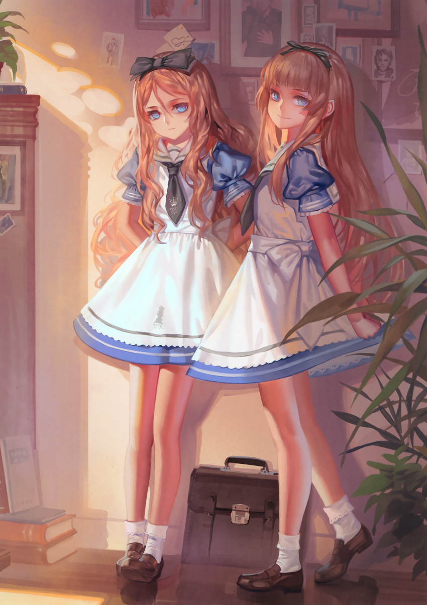 2girls absurdres against_wall alphonse_(white_datura) apron arms_behind_back bangs black_bow black_necktie blonde_hair blue_dress blue_eyes blunt_bangs bobby_socks book_stack bow brown_shoes day dress full_body hair_between_eyes hair_bow head_tilt highres indoors legs_together loafers long_hair looking_at_viewer multiple_girls necktie own_hands_together parted_bangs parted_lips photo_(object) plant potted_plant puffy_short_sleeves puffy_sleeves reflection reflective_floor scan shoes short_sleeves socks standing straight_hair sunlight v_arms very_long_hair wavy_hair white_apron white_bow white_legwear wooden_floor