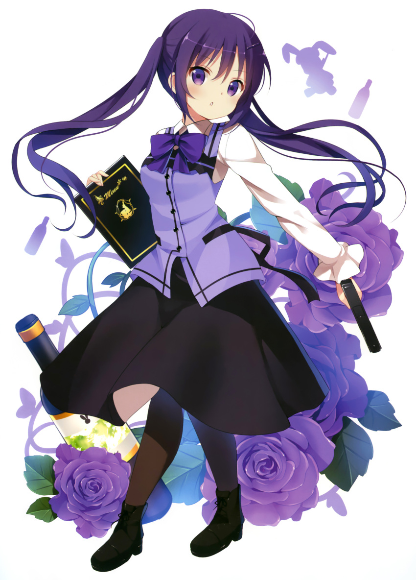 1girl absurdres blush bottle bow bowtie flower gochuumon_wa_usagi_desu_ka? gun hair_ornament hairclip handgun highres koi_(koisan) long_hair looking_at_viewer menu pantyhose pistol purple_flower purple_hair rabbit_house_uniform shoes solo tedeza_rize twintails uniform violet_eyes weapon