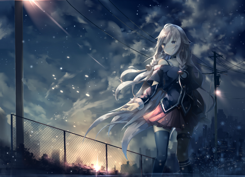 1girl black_legwear blue_eyes blush braid building c.c.r_(ccrgaoooo) chain-link_fence choker city closed_mouth clouds cloudy_sky fence from_below hair_between_eyes hair_ornament highres ia_(vocaloid) kneehighs legs_apart lens_flare long_hair miniskirt mismatched_legwear motion_blur off_shoulder outdoors pink_skirt pleated_skirt power_lines silver_hair single_kneehigh single_thighhigh skirt sky snowing solo standing sun thigh-highs thigh_strap tree twin_braids utility_pole_(object) very_long_hair vocaloid wind