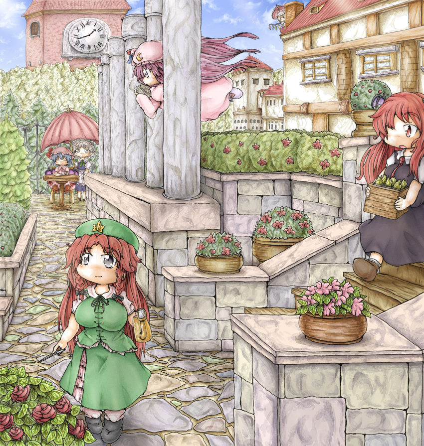 6+girls apron bat_wings blonde_hair blue_eyes blue_hair blue_sky blush_stickers box braid breasts brick_wall carrying chair chibi chimney clock clock_tower closed_eyes clouds crescent_hair_ornament day double_bun fang fang_out faux_traditional_media flandre_scarlet flat_cap flower flying garden hair_ornament hair_over_one_eye hat head_wings highres hong_meiling izayoi_sakuya koakuma looking_at_another looking_up maid_headdress mob_cap multiple_girls necktie outdoors patchouli_knowledge peeking_out pillar plant potted_plant puffy_short_sleeves puffy_sleeves purple_hair reading red_rose redhead remilia_scarlet robe roman_numerals rose shears short_sleeves silver_hair sitting skirt skirt_set sky stairs standing star stone_walkway table touhou tower tree twin_braids umbrella violet_eyes waist_apron walking watering_can wings ys_(ytoskyoku-57)