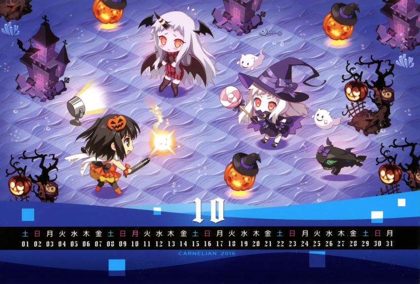 3girls :&lt; :d absurdres alternate_costume bat_wings black_eyes black_hair calendar candy capelet carnelian chibi covered_mouth flashlight flying_sweatdrops food_themed_hair_ornament ghost hair_ornament halloween hat highres holding horn horns huge_filesize i-class_destroyer jack-o'-lantern kantai_collection lollipop long_hair mittens multiple_girls northern_ocean_hime open_mouth orange_eyes pumpkin pumpkin_hair_ornament scarf seaport_hime sendai_(kantai_collection) shinkaisei-kan smile torpedo two_side_up white_hair white_skin wings witch_hat