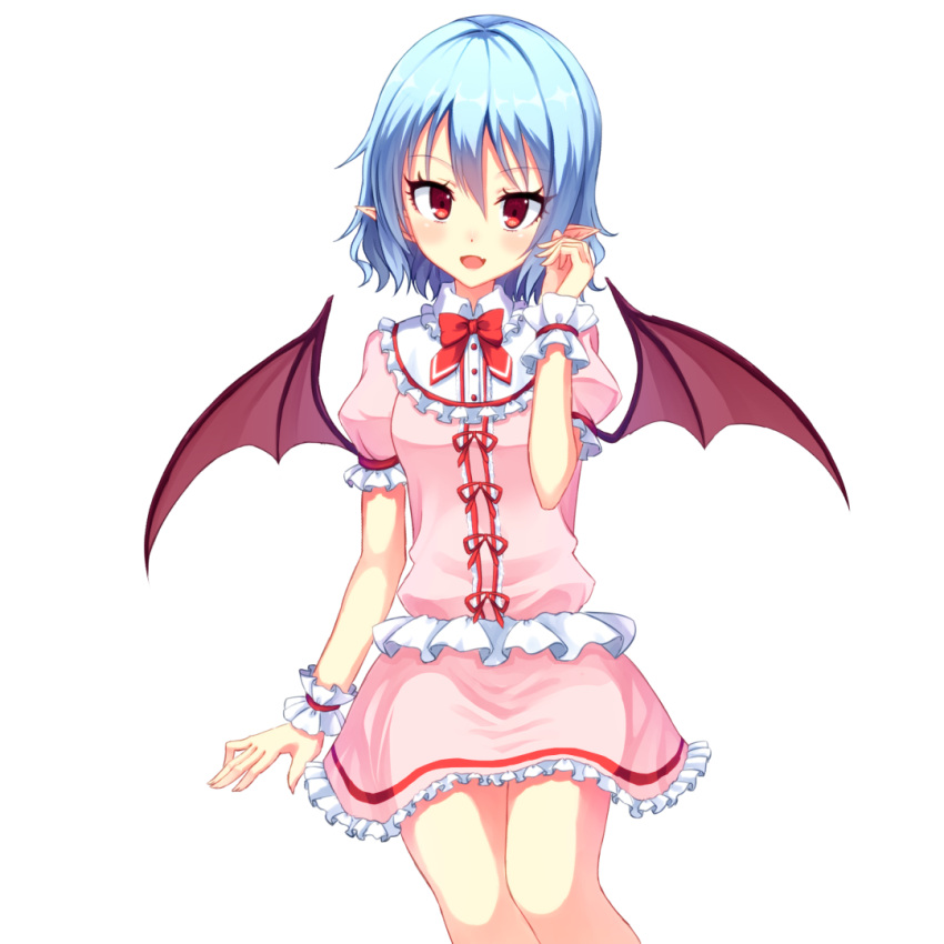 1girl :d bat_wings blue_hair bow bowtie collar cowboy_shot dress eyebrows eyebrows_visible_through_hair eyelashes fang frilled_dress frills hair_between_eyes head_tilt junior27016 looking_at_viewer open_mouth pink_dress pointy_ears puffy_short_sleeves puffy_sleeves red_bow red_bowtie red_eyes red_ribbon remilia_scarlet ribbon short_hair short_sleeves simple_background smile solo spikes tareme tooth touhou vampire white_background wings wrist_cuffs