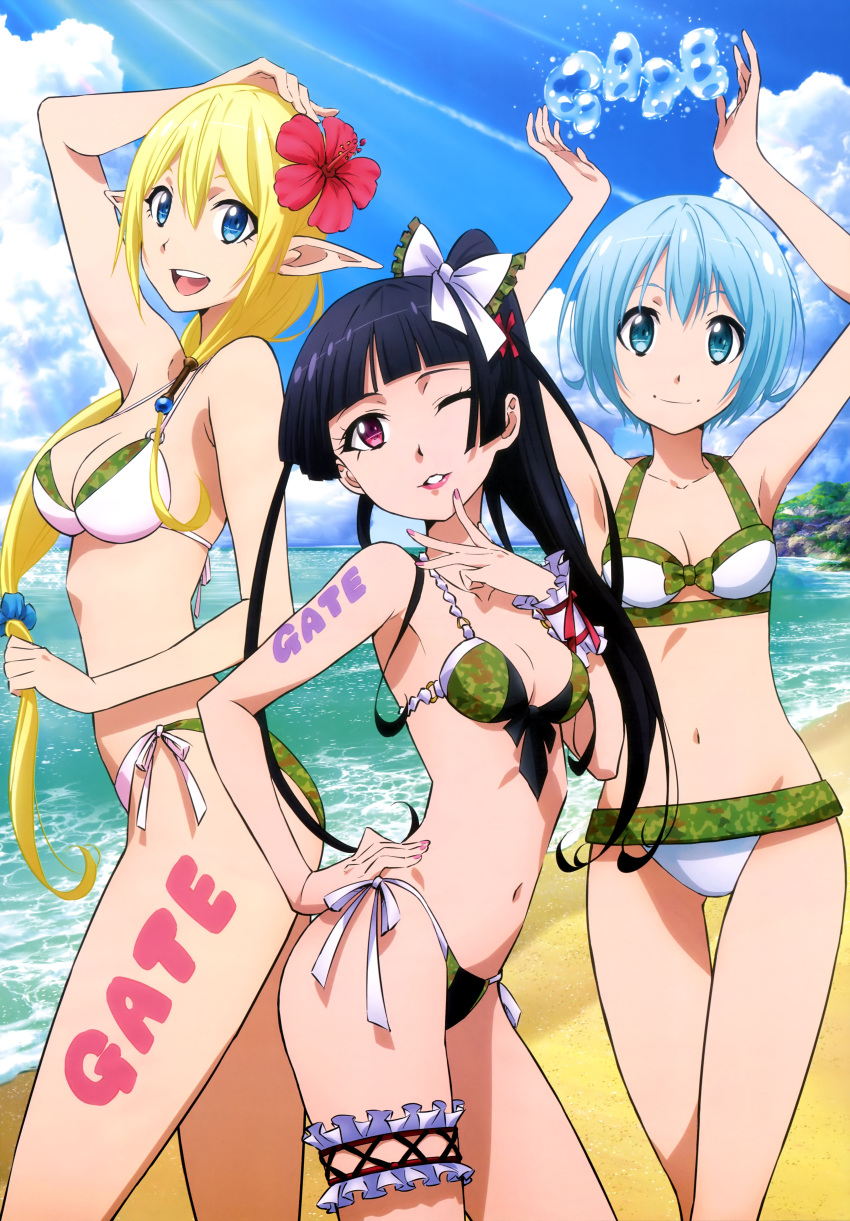 3girls :d absurdres ass_visible_through_thighs beach bikini black_hair blonde_hair blue_eyes blue_hair bow breasts camouflage camouflage_bikini cleavage contrapposto flower from_side gate_-_jieitai_ka_no_chi_nite_kaku_tatakaeri hair_bow hair_flower hair_ornament hand_on_hip highres leg_garter lelei_la_lalena long_hair low-tied_long_hair multiple_girls nail_polish navel one_eye_closed open_mouth outdoors parted_lips pointy_ears rory_mercury scan short_hair side-tie_bikini side_ponytail small_breasts smile sunlight swimsuit tankini thigh_gap tuka_luna_marceau violet_eyes water white_bikini white_swimsuit