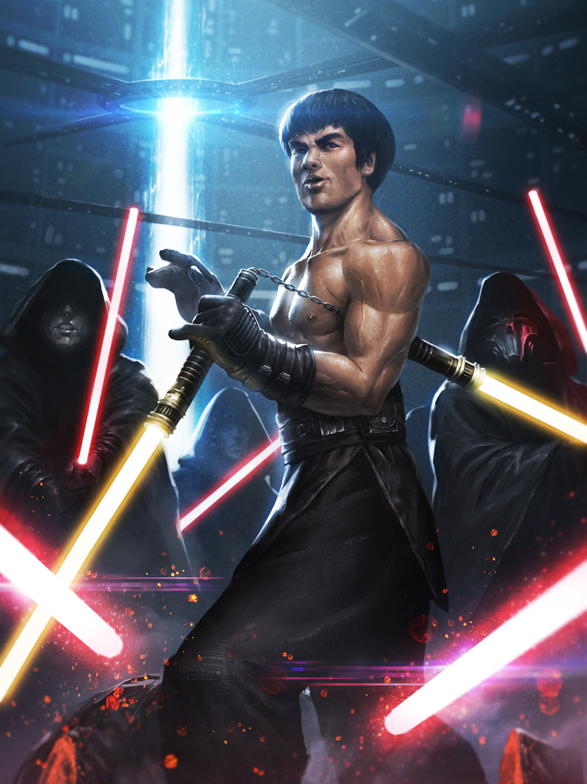 1boy ameeeeba black_hair bruce_lee crossover energy_sword highres lightsaber muscle nunchaku parody short_hair sith solo_focus star_wars sword weapon