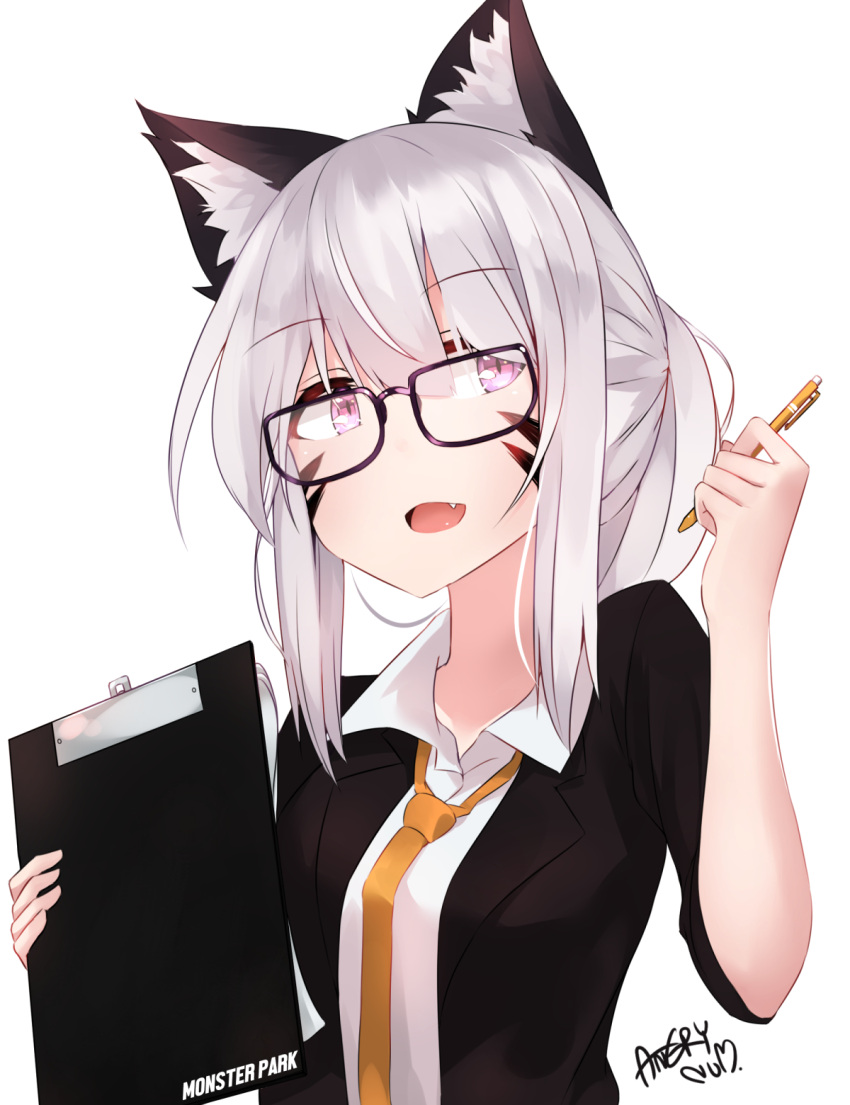 1girl angry_num animal_ears artist_name cat_ears clipboard fang feena_(angry_num) glasses highres jacket necktie open_mouth original pen sidelocks solo upper_body violet_eyes white_hair