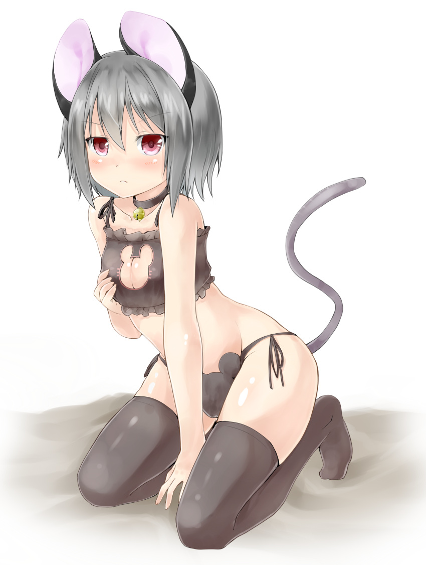 1girl absurdres animal_ears bangs bell bell_collar between_legs black_bra black_legwear black_panties bra breasts cat_cutout cat_keyhole_bra cat_lingerie cleavage cleavage_cutout collar collarbone grey_hair hand_between_legs highres jingle_bell kneeling looking_at_viewer mouse_ears mouse_tail nazrin netamaru panties red_eyes short_hair side-tie_panties simple_background solo tail thigh-highs touhou underwear white_background