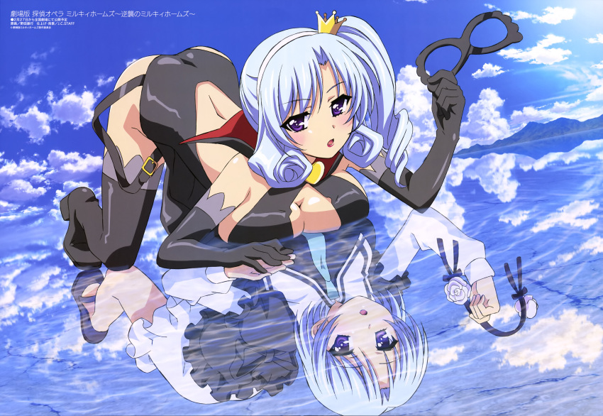 1girl absurdres arsene blue_hair breasts cleavage clouds crown henriette_mystere highres mary_janes mask megami official_art school_uniform serafuku shoes sky tantei_opera_milky_holmes thigh-highs violet_eyes