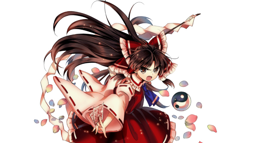 &gt;:d :d angry bow brown_eyes brown_hair detached_sleeves gohei hair_bow hair_tubes hakurei_reimu harukawa_moe long_hair long_sleeves looking_at_viewer official_art ofuda open_mouth petals red_skirt simple_background skirt smile touhou urban_legend_in_limbo vest white_background yin_yang_orb