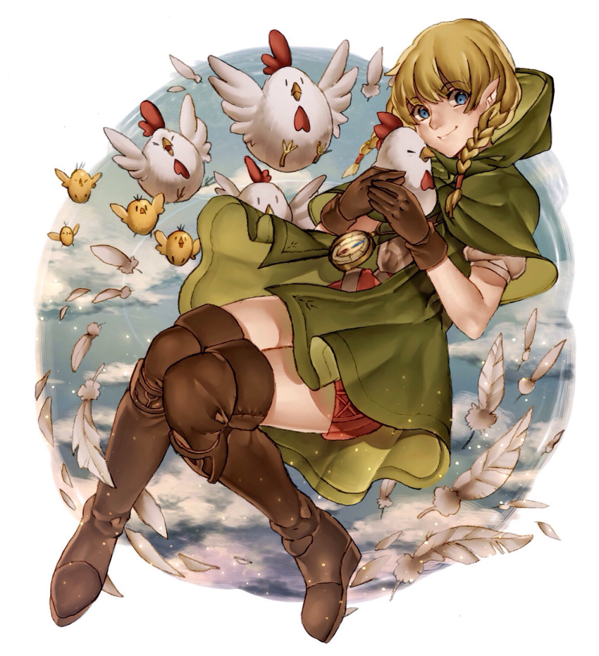 1girl bird blonde_hair boots braid chicken compass cucco female gloves highres leather_gloves linkle looking_at_viewer neaze smile solo the_legend_of_zelda thigh-highs thigh_boots twin_braids zelda_musou