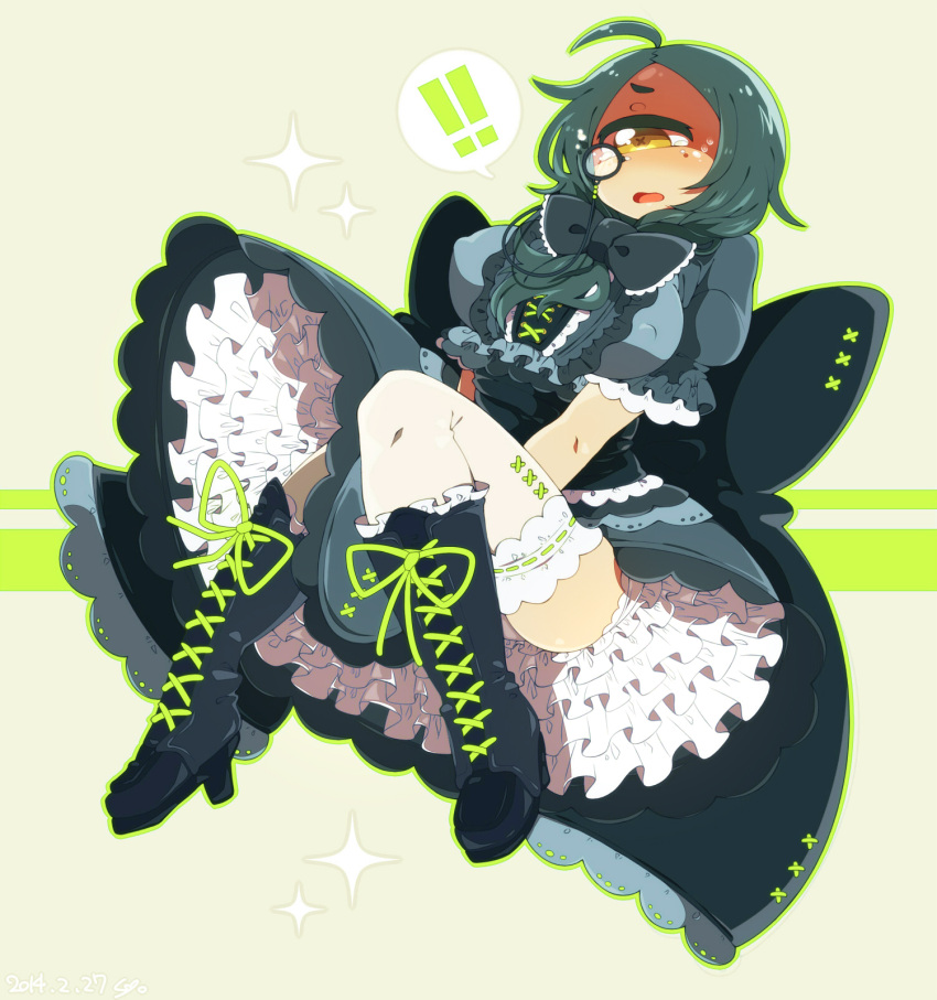 !! +_+ 1girl ahoge blush boots bow breasts covered_nipples cross-laced_footwear cyclops dress dress_tug frilled_dress frilled_sleeves frills green green_hair highres knee_boots lace lace-trimmed_panties lace-trimmed_thighhighs lace-up_boots lace-up_thighhighs large_breasts monocle muroku_(aimichiyo0526) one-eyed open_mouth original panties puffy_short_sleeves puffy_sleeves short_sleeves sitting solo sparkle sweatdrop tears thigh-highs underwear white_legwear white_panties