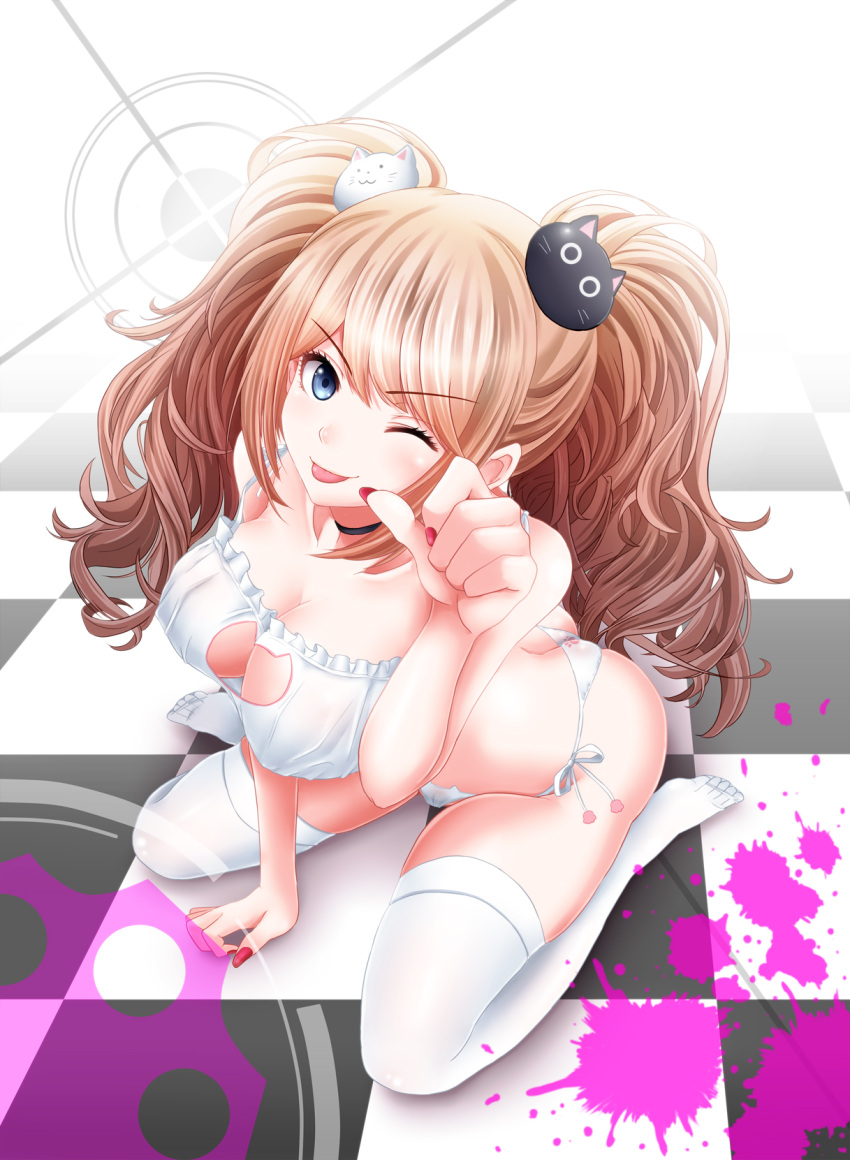 1girl artist_request blue_eyes breasts cat_ear_panties cat_keyhole_bra cat_lingerie choker cleavage cleavage_cutout dangan_ronpa enoshima_junko highres long_hair looking_at_viewer monokuma one_eye_closed panties pink_hair side-tie_panties solo spoilers thigh-highs twintails underwear underwear_only