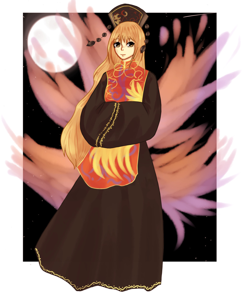 1girl black_dress blonde_hair chinese_clothes dress fox_tail hat highres junko_(touhou) legacy_of_lunatic_kingdom long_hair long_sleeves looking_at_viewer multiple_tails solo sonicami source_request tabard tail touhou wide_sleeves