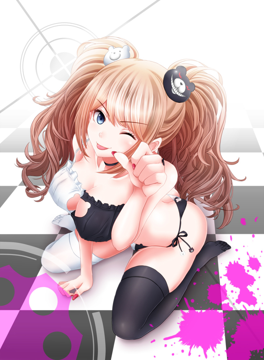 1girl artist_request blue_eyes breasts cat_ear_panties cat_keyhole_bra cat_lingerie choker cleavage cleavage_cutout dangan_ronpa enoshima_junko highres long_hair looking_at_viewer monokuma one_eye_closed panties pink_hair side-tie_panties solo spoilers thigh-highs twintails underwear underwear_only