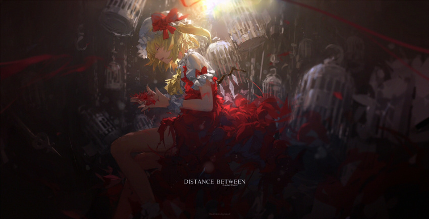 1girl alternate_wings artist_name blurry bokeh bow cage chain character_name closed_eyes cravat crystal depth_of_field dress flandre_scarlet flower frilled_sleeves frills from_side hat hat_bow highres holding holding_flower hook laevatein mivit mob_cap one_side_up open_mouth petals profile puffy_short_sleeves puffy_sleeves red_bow red_dress red_flower red_ribbon ribbon short_sleeves sitting socks solo spider_lily text torn_clothes torn_dress touhou white_legwear wings wrist_cuffs