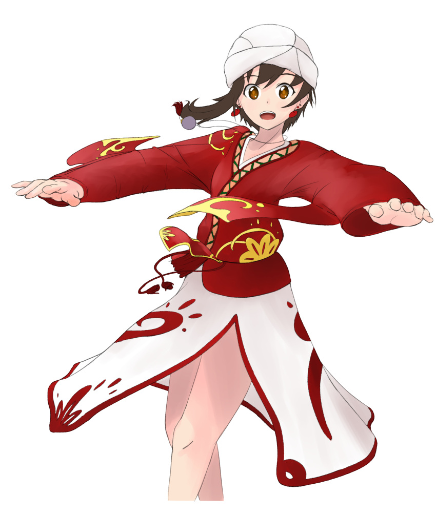 1girl absurdres alternate_costume asymmetrical_hair brown_eyes brown_hair dancing earrings highres jewelry red_clothes solo sora_no_woto sorami_kanata turban white_background white_clothes