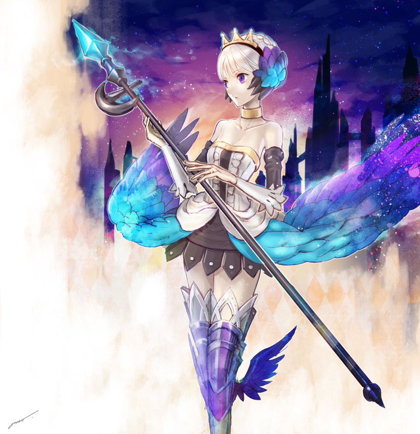 1girl amatari_sukuzakki armor armored_dress bare_shoulders choker crown dress gwendolyn highres odin_sphere polearm solo spear strapless strapless_dress thigh-highs violet_eyes weapon white_hair wings